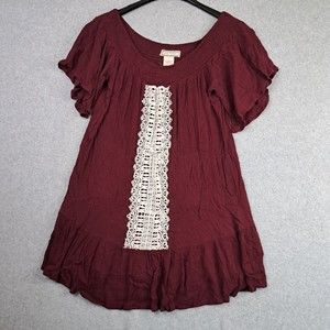 Flying Tomato Burgundy Tunic Lace Accent Size Large Off Shoulder Ruffle Elastic